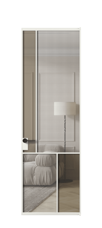 Межкомнатная дверь Mosaic АЛПЛ041.20 Алюминий светло-серый Декоративное стекло с сеткой "Mesh silver", триплекс, 6 мм + Прозрачное бронзовое стекло, триплекс, 6 мм Цена 105780 ₽ | Volhovec