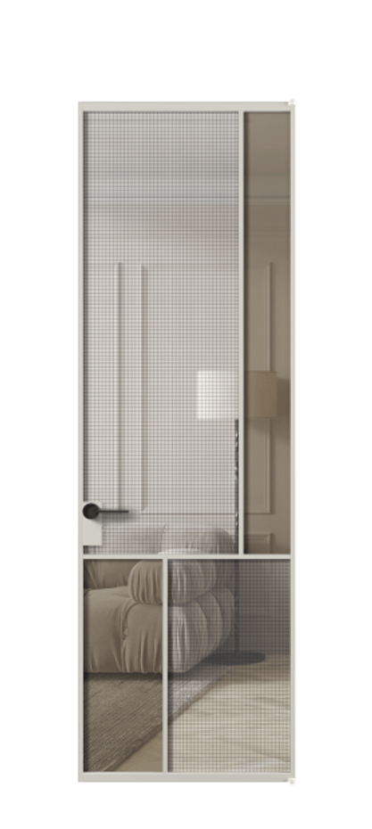 Межкомнатная дверь Mosaic АЛПЛ041.21 Алюминий тёплый серый Декоративное стекло с сеткой "Mesh silver", триплекс, 6 мм + Прозрачное бронзовое стекло, триплекс, 6 мм Цена 105780 ₽ | Volhovec
