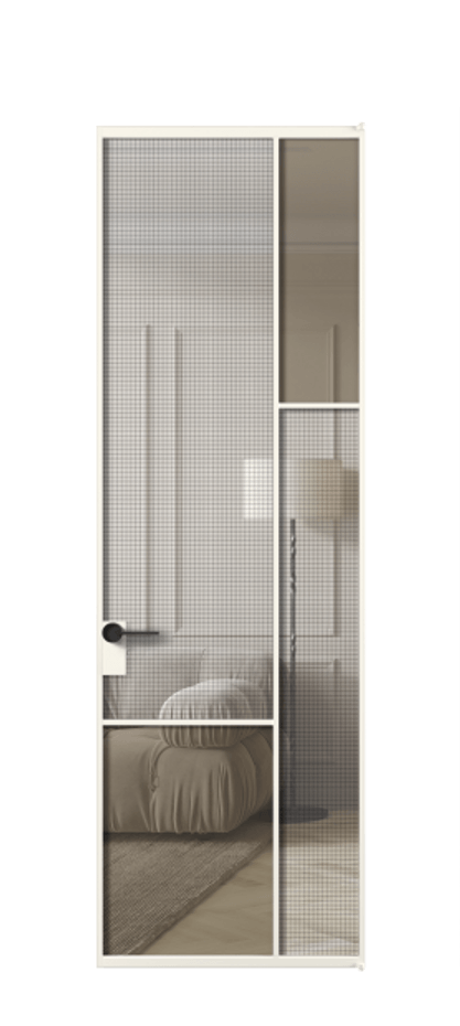 Межкомнатная дверь Mosaic АЛПЛ041.12 Алюминий пудровый белый Декоративное стекло с сеткой "Mesh silver", триплекс, 6 мм + Прозрачное бронзовое стекло, триплекс, 6 мм Цена 100970 ₽ | Volhovec
