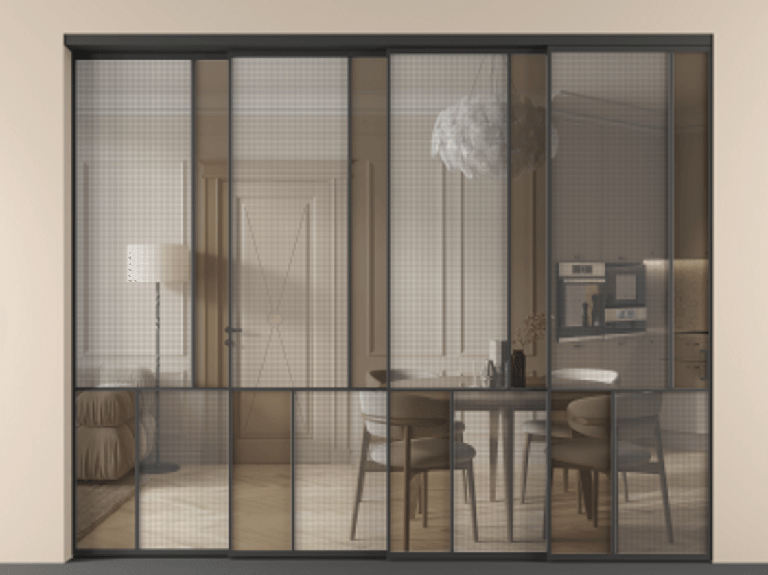 Перегородка Mosaic внутри проёма 4 створки с синхронным механизмом АЛПР 041.21 Алюминий Черный Декоративное стекло с сеткой "Mesh silver", триплекс, 6 мм + Прозрачное бронзовое стекло, триплекс. Скрытый короб ЧЕР Цена 613260 ₽ . Фабрика дверей Волховец 8 (800) 551 43 19 Перегородка Mosaic внутри проёма 4 створки с синхронным механизмом АЛПР 041.21 Алюминий Черный Декоративное стекло с сеткой "Mesh silver", триплекс, 6 мм + Прозрачное бронзовое стекло, триплекс Цена 613260 ₽ | Volhovec