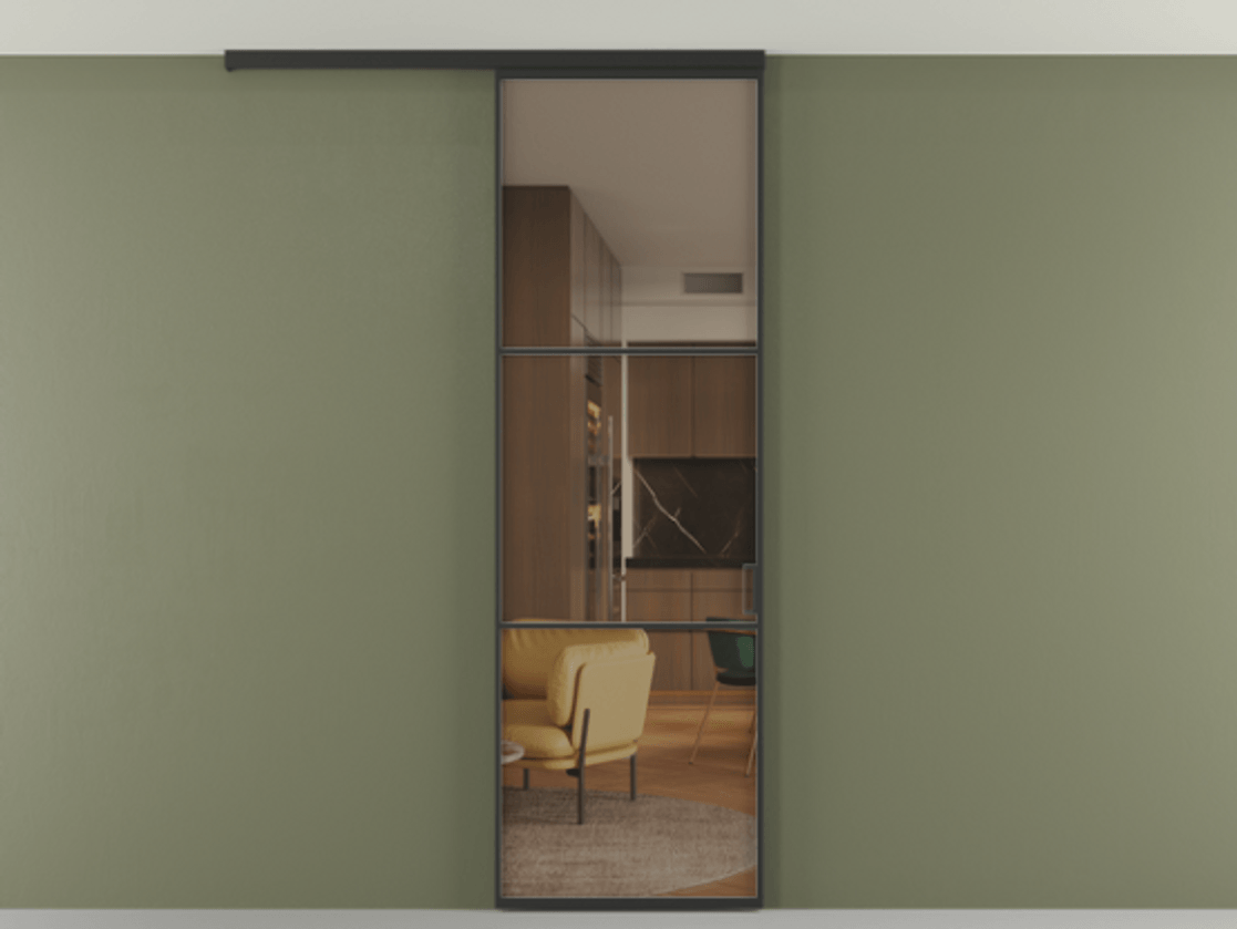 Перегородка Формато вдоль стены на потолок 1 створка АЛПР 040.03 Алюминий Черный Прозрачное бронзовое стекло, триплекс Цена 761060 AMD | Volhovec