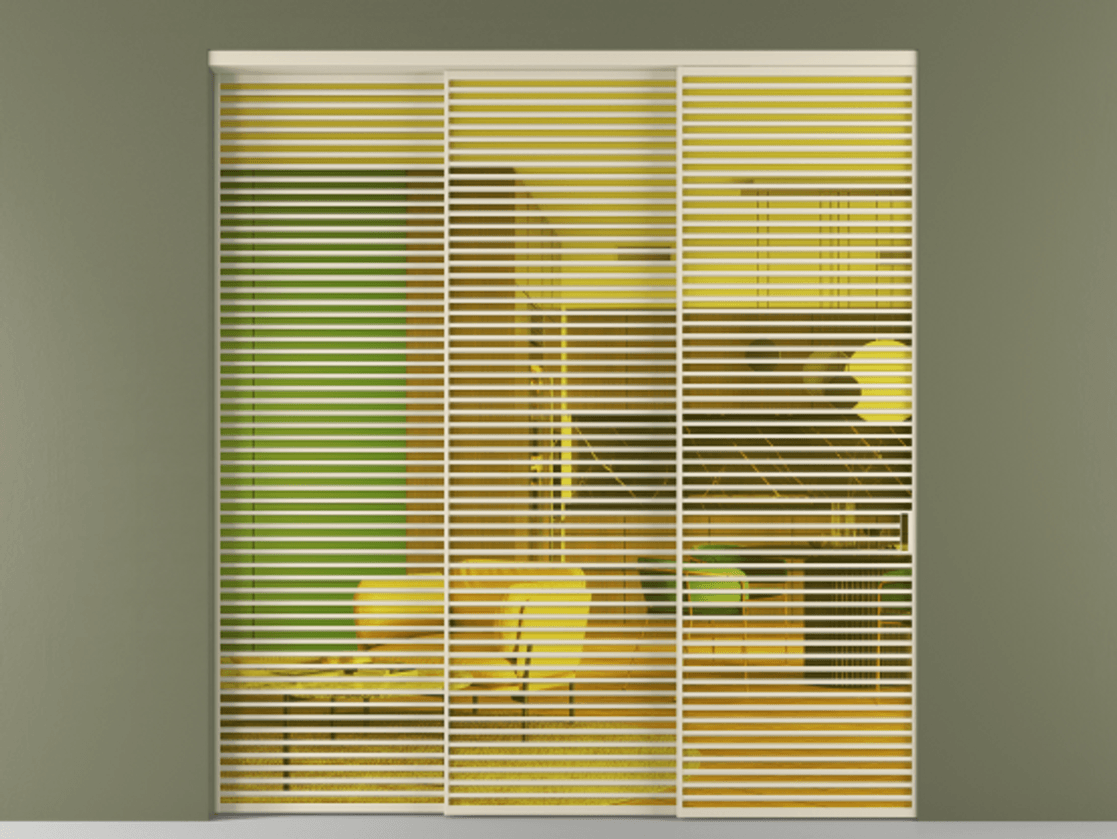 Перегородка Formato внутри проёма 3 створки с синхронным механизмом АЛПР 040.07 Алюминий бежево-серый Прозрачное жёлтое стекло, триплекс Цена 717780 ₽  | Volhovec