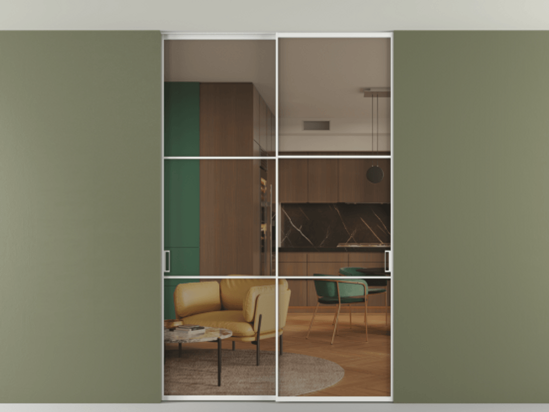 Перегородка Формато внутри проёма скрытое крепление в потолок 2 створки АЛПР 040.03 Алюминий белоснежный Прозрачное бронзовое стекло, триплекс Цена 58772560 so'm | Volhovec