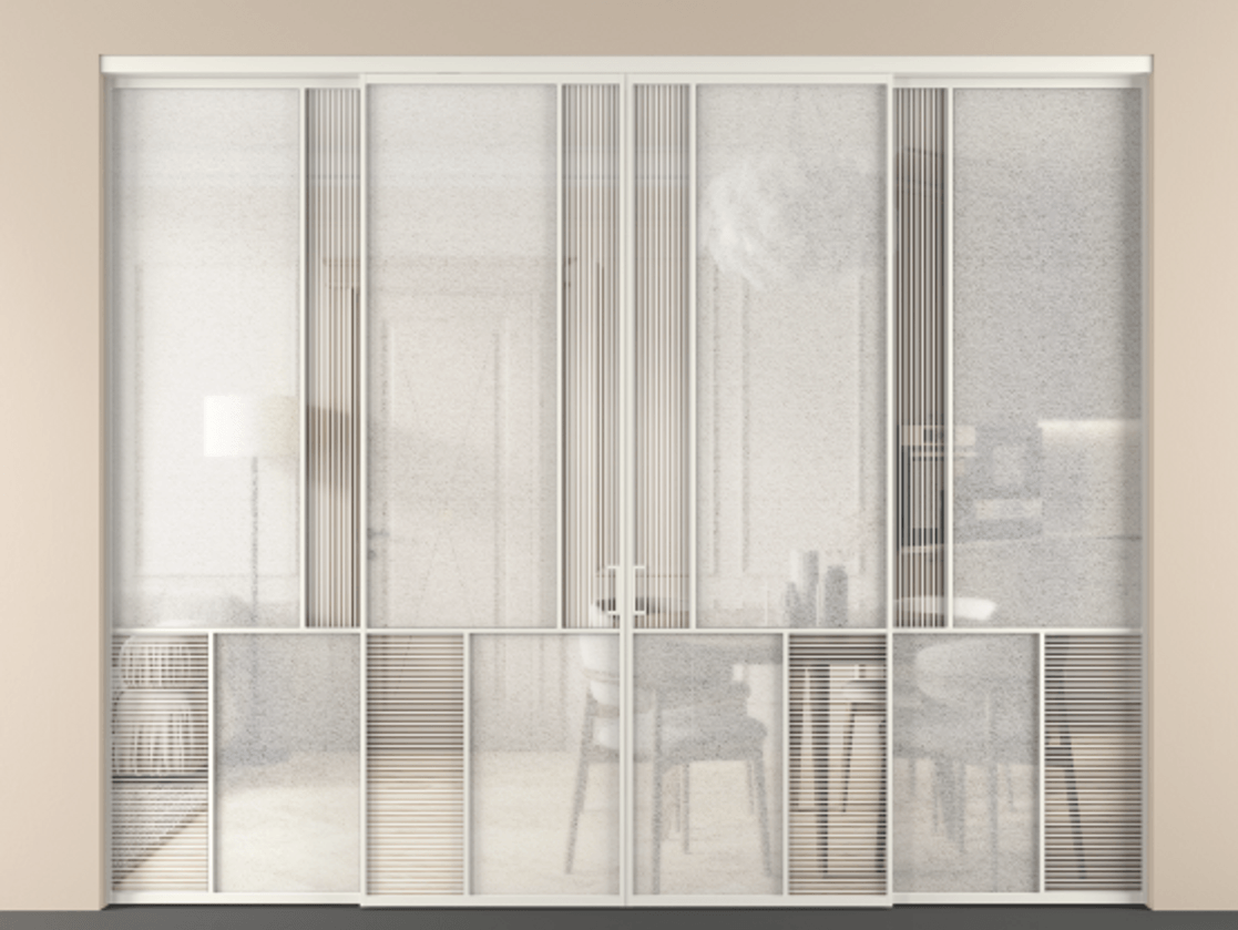 Перегородка Мозаик внутри проёма 4 створки АЛПР 041.20 Алюминий Белый Рифлёное стекло "Дюна", триплекс, 6 мм + Фактурное стекло "Лёд", триплекс Цена 473960 ₽ | Volhovec