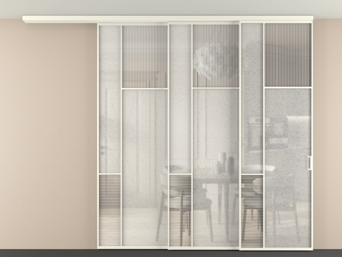 Перегородка Mosaic вдоль стены телескопик синхро 3 АЛПР 041.11 Алюминий жемчужный Рифлёное стекло "Дюна", триплекс, 6 мм + Фактурное стекло "Лёд", триплекс, 6 мм.  Цена 518780 ₽ . Фабрика дверей Волховец 8 (800) 551 43 19  Перегородка Mosaic вдоль стены телескопик синхро 3 АЛПР 041.11 Алюминий жемчужный Рифлёное стекло "Дюна", триплекс, 6 мм + Фактурное стекло "Лёд", триплекс, 6 мм Цена 518780 ₽ | Volhovec