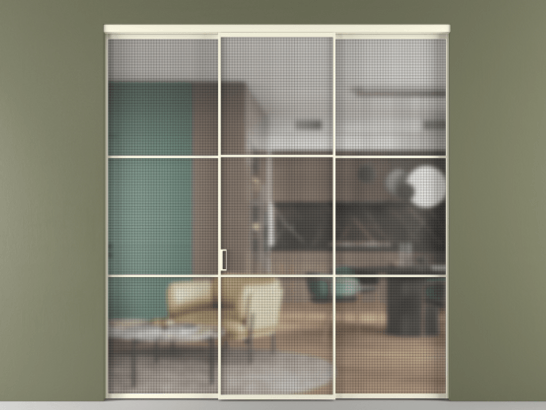 Перегородка Formato внутри проёма 3 створки АЛПР 040.03 Алюминий молочно-белый Декоративное стекло с сеткой "Mesh silver", триплекс Цена 333480 ₽ | Volhovec