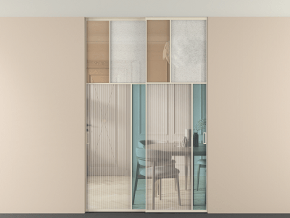 Перегородка Mosaic внутри проёма скрытое крепление в потолок 2 створки АЛПР 041.23 Алюминий бежево-серый Комбинация стекол Группы 1 и Группы 3 Цена 353410 ₽ | Volhovec