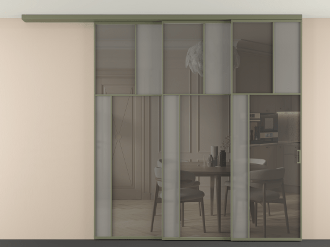 Перегородка Mosaic вдоль стены телескопик синхро 3 АЛПР 041.22 Алюминий оливковый тёмный Сатинированное серое стекло, триплекс, 6 мм + Прозрачное серое стекло, триплекс, 6 мм.  Цена 493580 ₽ . Фабрика дверей Волховец 8 (800) 551 43 19  Перегородка Mosaic вдоль стены телескопик синхро 3 АЛПР 041.22 Алюминий оливковый тёмный Сатинированное серое стекло, триплекс, 6 мм + Прозрачное серое стекло, триплекс, 6 мм Цена 493580 ₽ | Volhovec