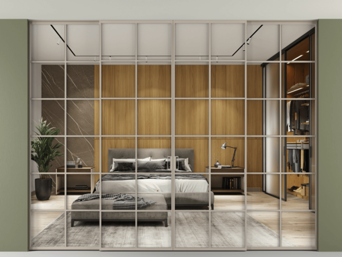 Перегородка Формато внутри проёма скрытое крепление в потолок 4 створки АЛПР 040.05 Алюминий бисквитный Двустороннее зеркало, триплекс , триплекс 6 мм Цена 113164380 so'm | Volhovec