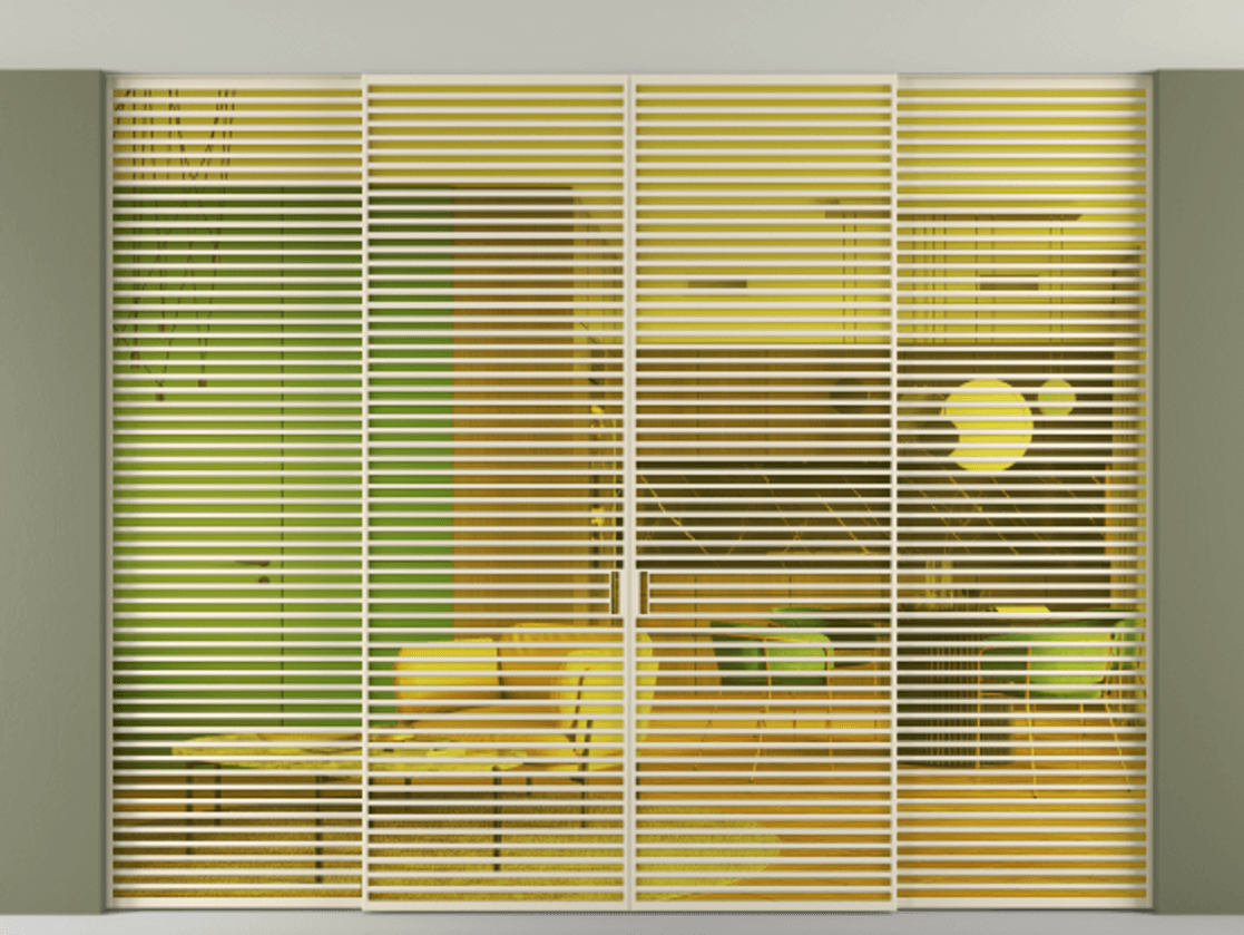 Перегородка Formato внутри проёма скрытое крепление в потолок 4 створки АЛПР 040.07 Алюминий бежево-серый Прозрачное жёлтое стекло, триплекс Цена 1002060 ₽ | Volhovec