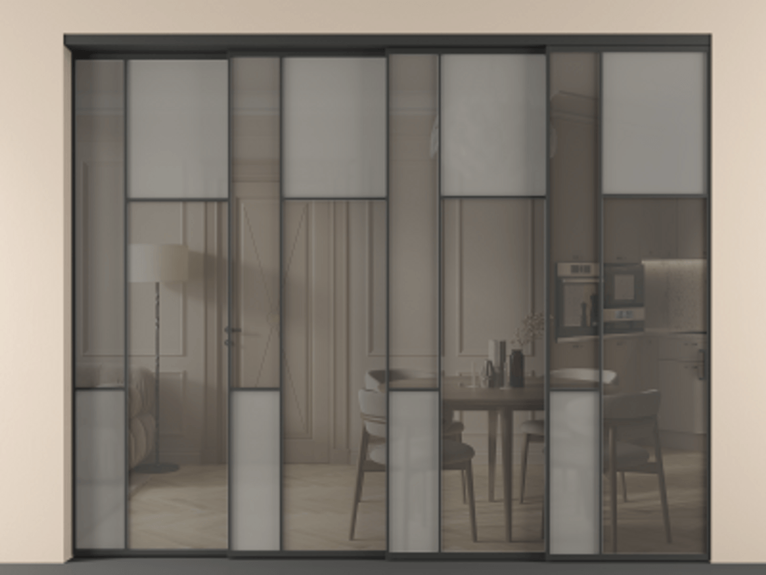 Перегородка Mosaic внутри проёма телескопик синхро 3 АЛПР 041.11 Алюминий Черный Сатинированное серое стекло, триплекс, 6 мм + Прозрачное серое стекло, триплекс, 6 мм. Скрытый короб ЧЕР Цена 554630 ₽ . Фабрика дверей Волховец 8 (800) 551 43 19  Перегородка Mosaic внутри проёма телескопик синхро 3 АЛПР 041.11 Алюминий Черный Сатинированное серое стекло, триплекс, 6 мм + Прозрачное серое стекло, триплекс, 6 мм Цена 554630 ₽ | Volhovec