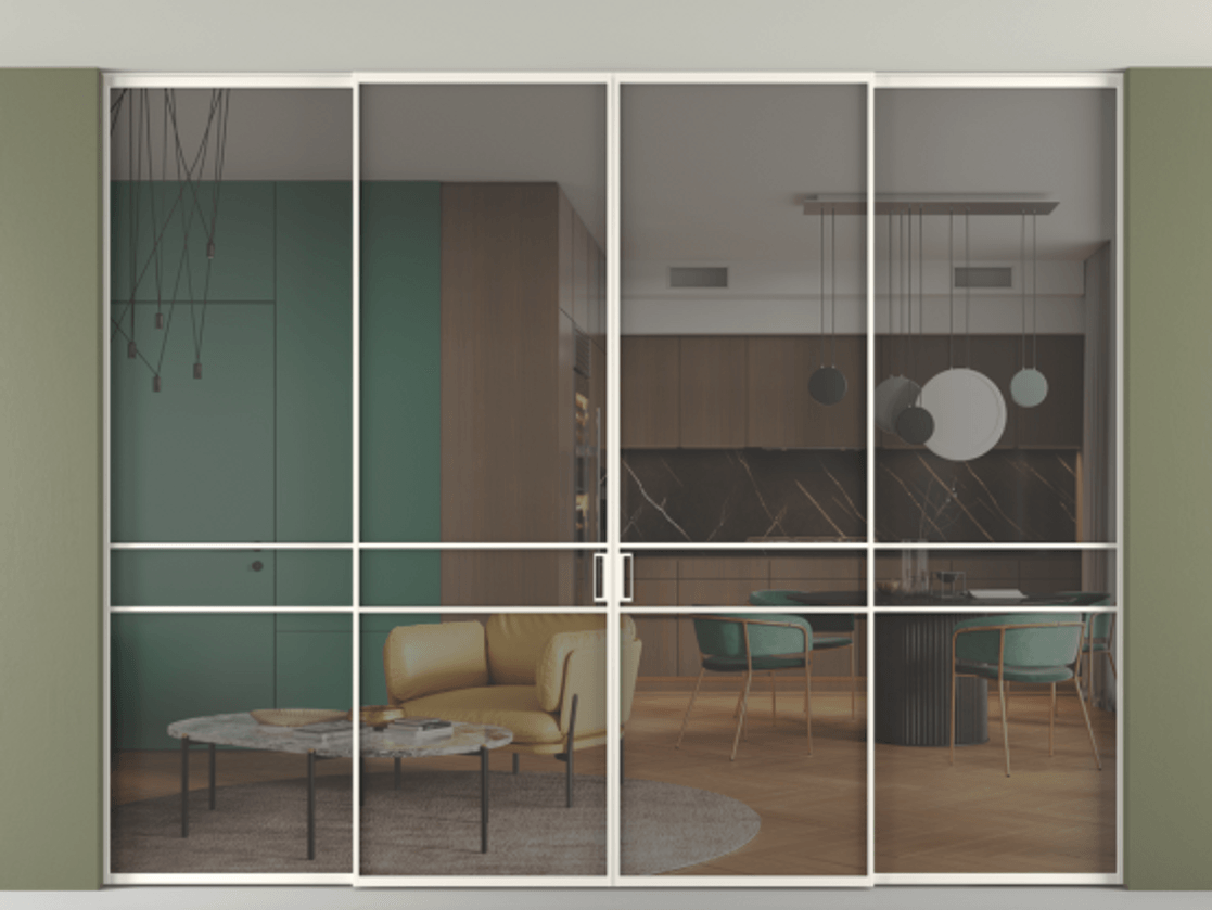 Перегородка Formato внутри проёма скрытое крепление в потолок 4 створки АЛПР 040.02 Алюминий пудровый белый Прозрачное серое стекло, триплекс Цена 549300 ₽ | Volhovec