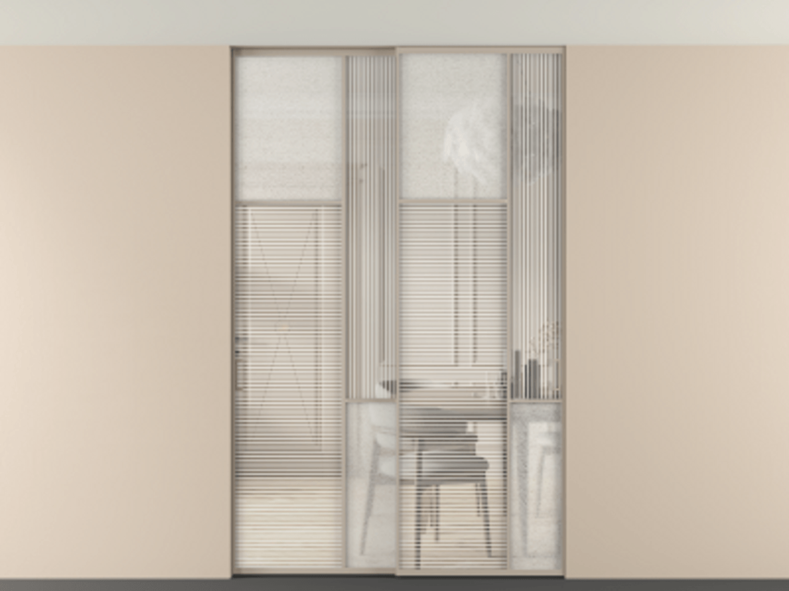 Перегородка Mosaic внутри проёма двустворчатая со скрытым креплением в потолок АЛПР 041.10 Алюминий бисквитный Рифлёное стекло "Дюна", триплекс, 6 мм + Фактурное стекло "Лёд", триплекс, 6 мм.  Цена 338120 ₽ . Фабрика дверей Волховец 8 (800) 551 43 19  Перегородка Mosaic внутри проёма двустворчатая со скрытым креплением в потолок АЛПР 041.10 Алюминий бисквитный Рифлёное стекло "Дюна", триплекс, 6 мм + Фактурное стекло "Лёд", триплекс, 6 мм Цена 338120 ₽ | Volhovec