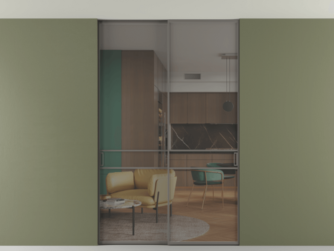 Перегородка Формато внутри проёма скрытое крепление в потолок 2 створки АЛПР 040.02 Алюминий классический серый Прозрачное серое стекло, триплекс Цена 58772560 so'm | Volhovec