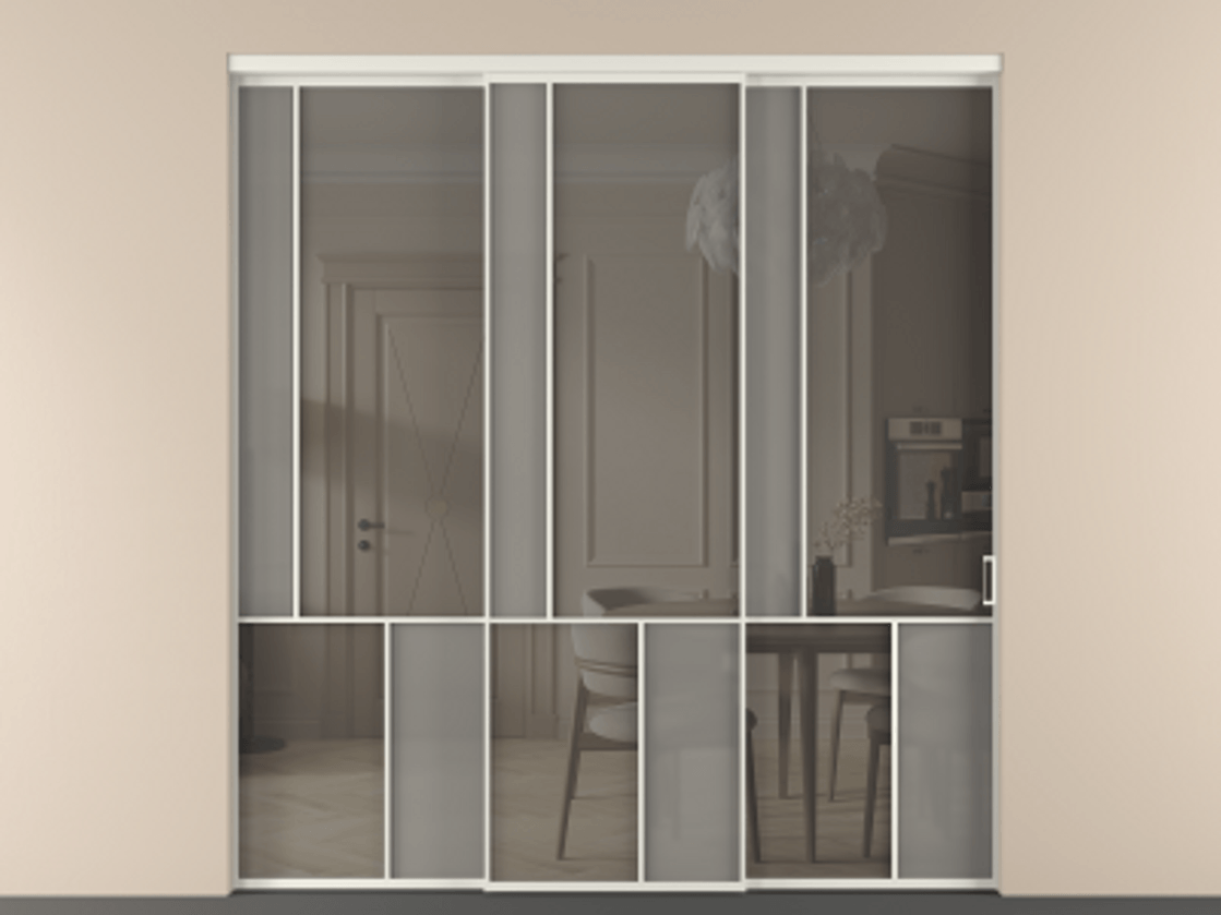 Перегородка Мозаик внутри проёма 3 створки с синхронным механизмом АЛПР 041.20  Алюминий Белый Сатинированное серое стекло, триплекс, 6 мм + Прозрачное серое стекло, триплекс Цена 2812720 AMD | Volhovec