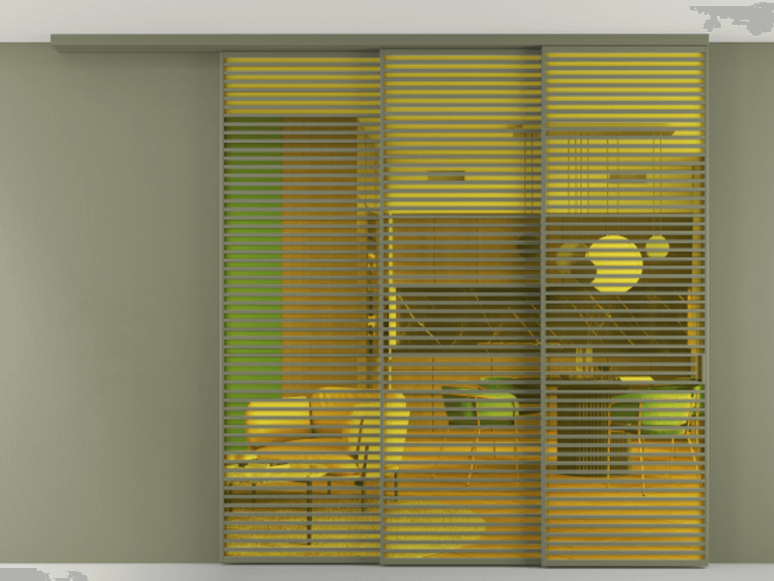 Перегородка Formato вдоль стены на потолок 3 створки с синхронным механизмом АЛПР 040.07 Алюминий оливковый тёмный Прозрачное жёлтое стекло, триплекс Цена 655084 ₽ | Volhovec