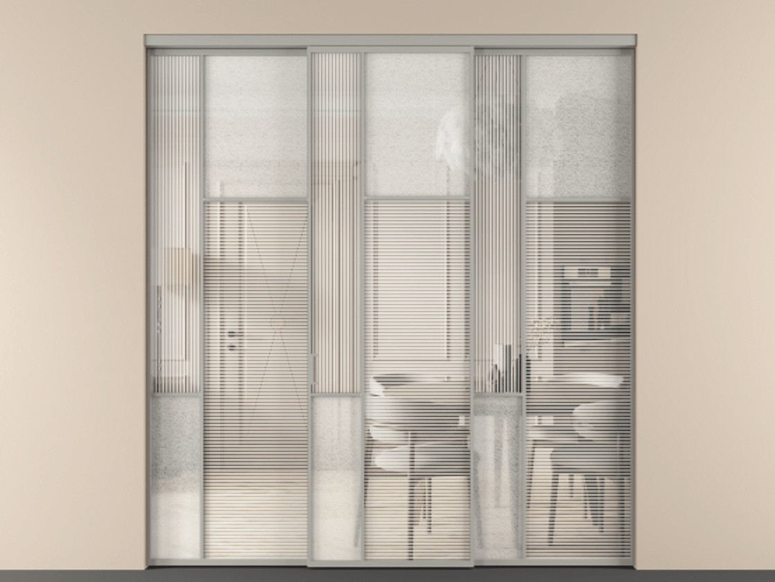 Перегородка Мозаик внутри проёма 3 створки АЛПР 041.11 Алюминий нейтральный серый Рифлёное стекло "Дюна", триплекс, 6 мм + Фактурное стекло "Лёд", триплекс Цена 2464190 AMD | Volhovec