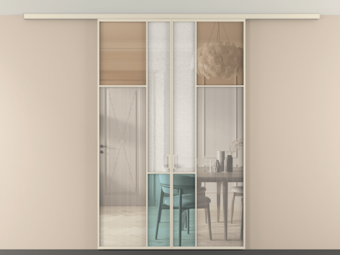 Перегородка Mosaic вдоль стены на потолок 2 створки АЛПР 041.11 Алюминий бежево-серый Комбинация стекол Группы 1 и Группы 3 Цена 288730 ₽ | Volhovec