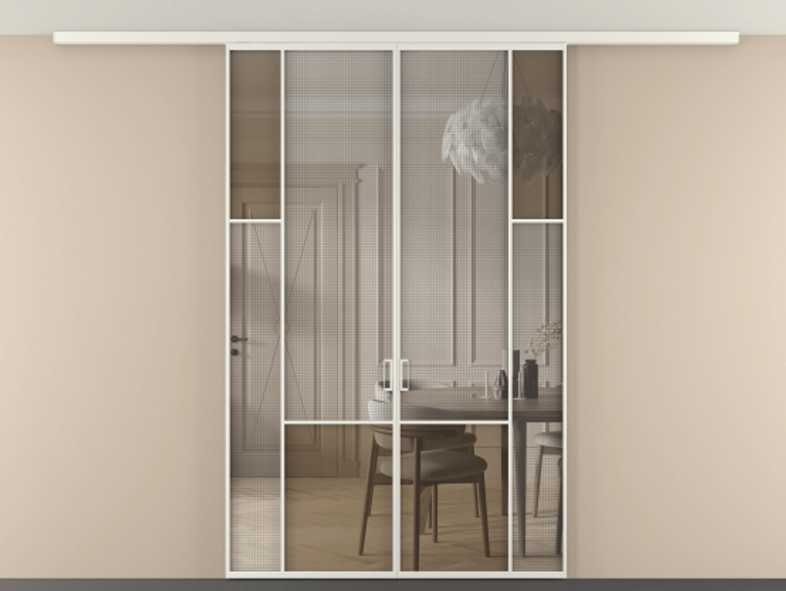 Перегородка Mosaic вдоль стены на потолок двустворчатая АЛПР 041.12 Алюминий Белый Декоративное стекло с сеткой "Mesh silver", триплекс, 6 мм + Прозрачное бронзовое стекло, триплекс, 6 мм. Скрытый короб БЕЛ Цена 262420 ₽ . Фабрика дверей Волховец 8 (800) 551 43 19  Перегородка Mosaic вдоль стены на потолок двустворчатая АЛПР 041.12 Алюминий Белый Декоративное стекло с сеткой "Mesh silver", триплекс, 6 мм + Прозрачное бронзовое стекло, триплекс, 6 мм Цена 262420 ₽ | Volhovec