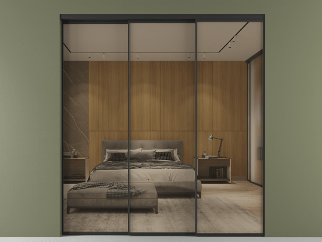 Перегородка Formato внутри проёма 3 створки с синхронным механизмом АЛПР 040.01 Алюминий Черный Рефлективное бронзовое стекло "Stopsol", калёное Цена 398900 ₽  | Volhovec