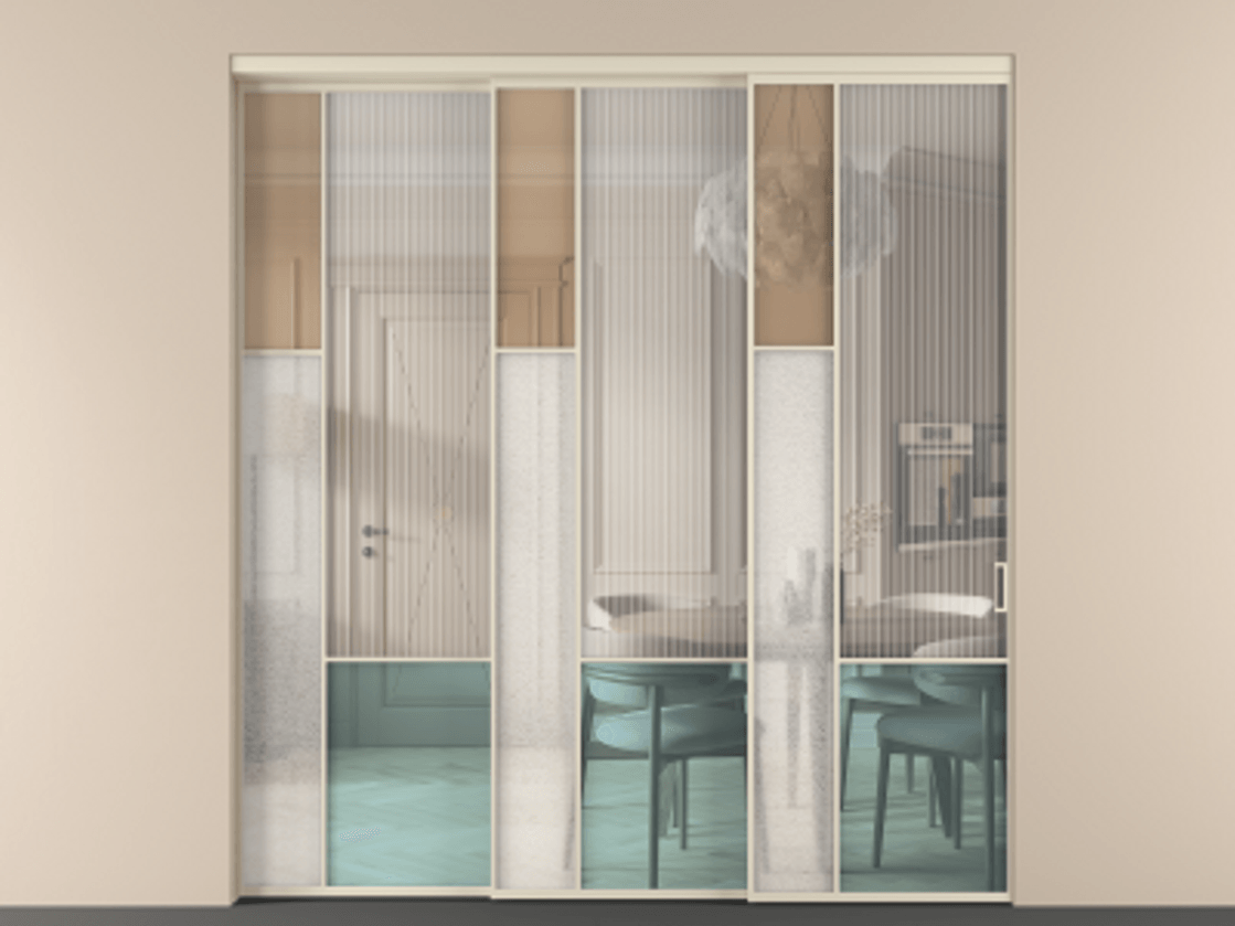 Перегородка Mosaic внутри проёма 3 створки с синхронным механизмом АЛПР 041.13 Алюминий бежево-серый Комбинация стекол Группы 1 и Группы 3 Цена 478160 ₽ | Volhovec