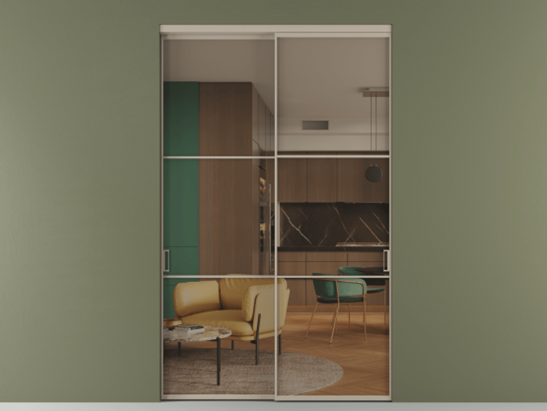 Перегородка Formato внутри проёма двустворчатая АЛПР 040.03 Алюминий бисквитный Прозрачное бронзовое стекло, триплекс, 6 мм.  Цена 206960 ₽ 1. Полотно 2 шт.  (800/2100 мм)
2. Комплект установки раздвижной системы
3. Базовый комплект фурнитуры
4.Ручка RONDO. Фабрика дверей Волховец 8 (800) 551 43 19  Перегородка Formato внутри проёма двустворчатая АЛПР 040.03 Алюминий бисквитный Прозрачное бронзовое стекло, триплекс, 6 мм Цена 206960 ₽  | Volhovec