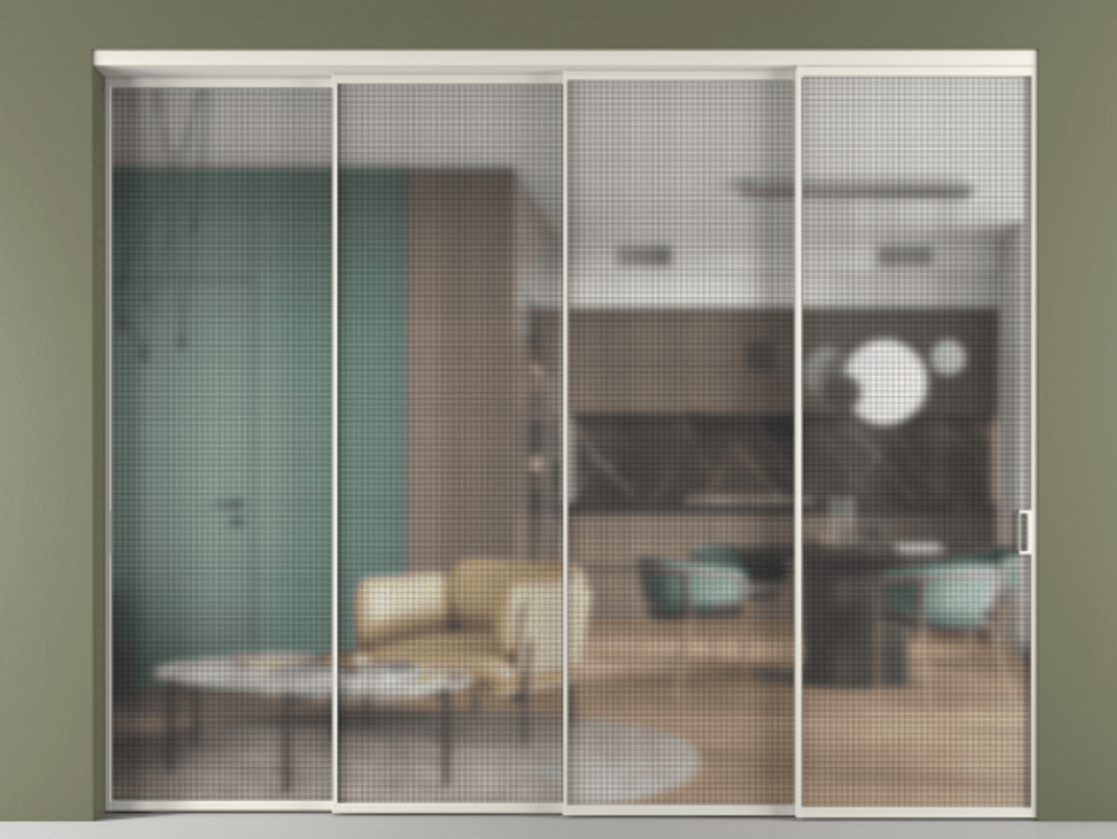 Перегородка Formato внутри проёма телескопик синхро 3 АЛПР 040.01 Алюминий Белый Декоративное стекло с сеткой "Mesh silver", триплекс, 6 мм. Скрытый короб БЕЛ Цена 507260 ₽ 1. Полотно 4 шт.  (800/2100 мм)
2. Комплект установки раздвижной системы
3. Базовый комплект фурнитуры
4. Комплект фурнитуры телескопик синхро-3
5. Ручка RONDO
. Фабрика дверей Волховец 8 (800) 551 43 19  Перегородка Formato внутри проёма телескопик синхро 3 АЛПР 040.01 Алюминий Белый Декоративное стекло с сеткой "Mesh silver", триплекс, 6 мм Цена 507260 ₽ | Volhovec