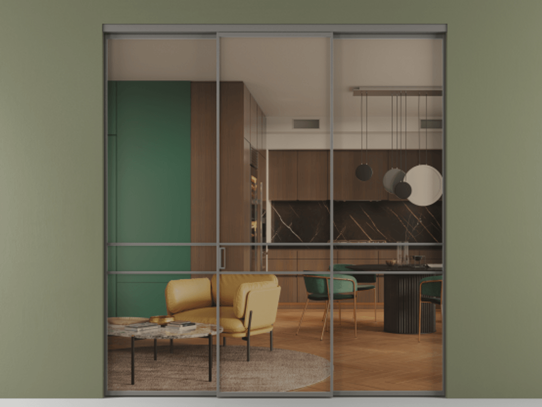 Перегородка Формато внутри проёма 3 створки АЛПР 040.02 Алюминий классический серый Прозрачное бронзовое стекло, триплекс Цена 59600800 so'm | Volhovec