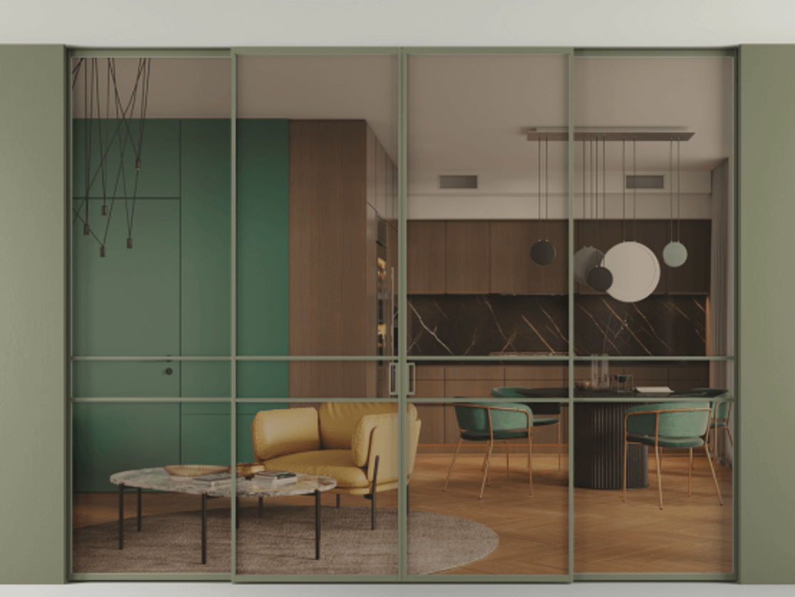 Перегородка Formato внутри проёма четырёхстворчатая со скрытым креплением в потолок АЛПР 040.02 Алюминий оливковый тёмный Прозрачное бронзовое стекло, триплекс, 6 мм.  Цена 517780 ₽ 1. Полотно 4 шт. (800/2100 мм)
 2. Комплект установки раздвижной системы
 3. Базовый комплект фурнитуры
4.Ручка RONDO. Фабрика дверей Волховец 8 (800) 551 43 19  Перегородка Formato внутри проёма четырёхстворчатая со скрытым креплением в потолок АЛПР 040.02 Алюминий оливковый тёмный Прозрачное бронзовое стекло, триплекс, 6 мм Цена 517780 ₽ | Volhovec