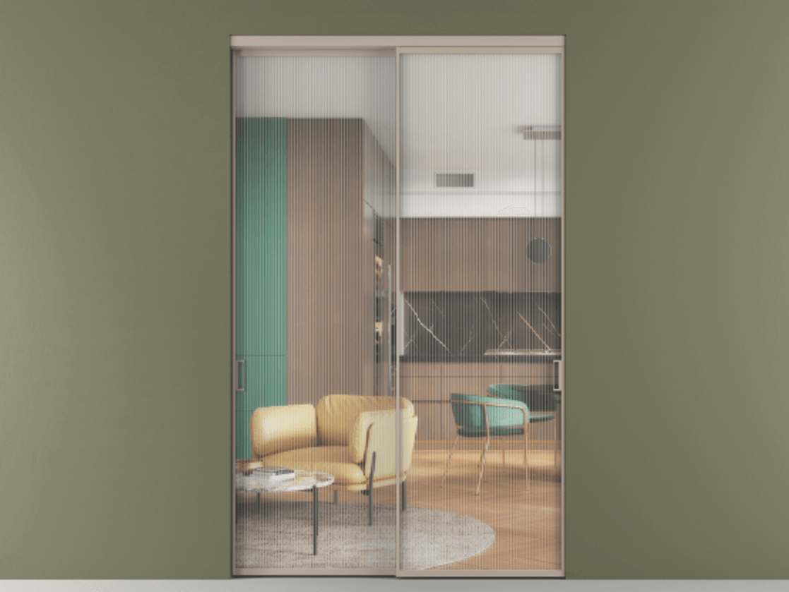 Перегородка Formato внутри проёма двустворчатая АЛПР 040.01 Алюминий бисквитный Рифлёное стекло "Moru", триплекс, 8 мм.  Цена 213050 ₽ 1. Полотно 2 шт.  (800/2100 мм)
2. Комплект установки раздвижной системы
3. Базовый комплект фурнитуры
4.Ручка RONDO. Фабрика дверей Волховец 8 (800) 551 43 19  Перегородка Formato внутри проёма двустворчатая АЛПР 040.01 Алюминий бисквитный Рифлёное стекло "Moru", триплекс, 8 мм Цена 213050 ₽  | Volhovec