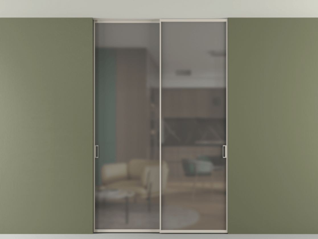 Перегородка Формато внутри проёма скрытое крепление в потолок 2 створки АЛПР 040.01 Алюминий светло-бежевый Сатинированное серое стекло, триплекс Цена 1872400 AMD | Volhovec