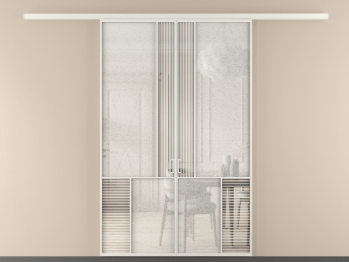 Перегородка Мозаик вдоль стены 2 створки АЛПР 041.20 Алюминий Белый Рифлёное стекло "Дюна", триплекс, 6 мм + Фактурное стекло "Лёд", триплекс Цена 270080 ₽ | Volhovec