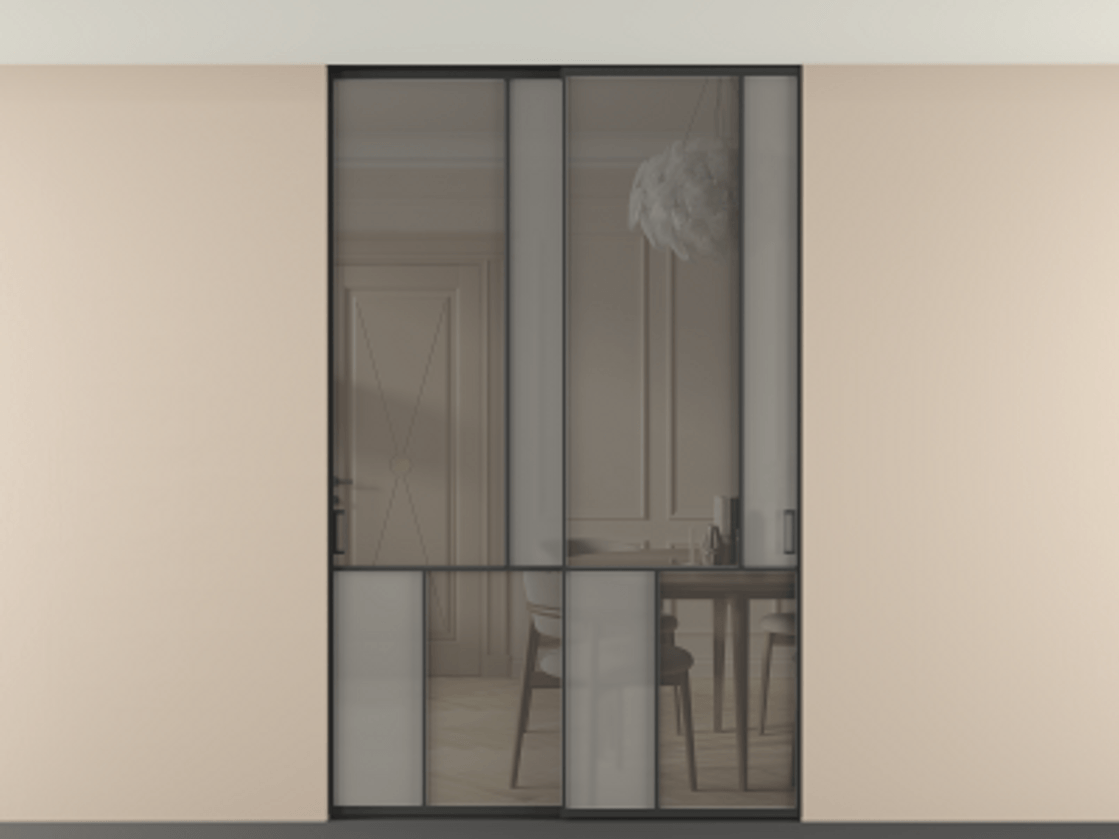 Перегородка Мозаик внутри проёма скрытое крепление в потолок 2 створки АЛПР 041.21 Алюминий Черный Сатинированное серое стекло, триплекс, 6 мм + Прозрачное серое стекло, триплекс Цена 63949060 so'm | Volhovec