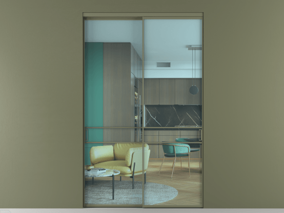 Алюминевая перегородка АЛПР 040.02_АОТ_ПРОЗ ГОЛ_new. Цвет Алюминий оливковый тёмный. Материал Алюминий в эмали. Коллекция Перегородка Formato внутри проёма 2 створки. Картинка.