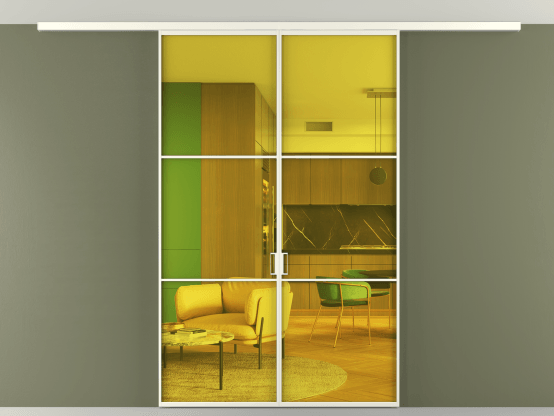 Алюминевая перегородка АЛПР 040.03_АЖМ_ПРОЗ ЖЕЛ_new. Цвет Алюминий жемчужный. Материал Алюминий в эмали. Коллекция Перегородка Формато вдоль стены на потолок 2 створки. Картинка.