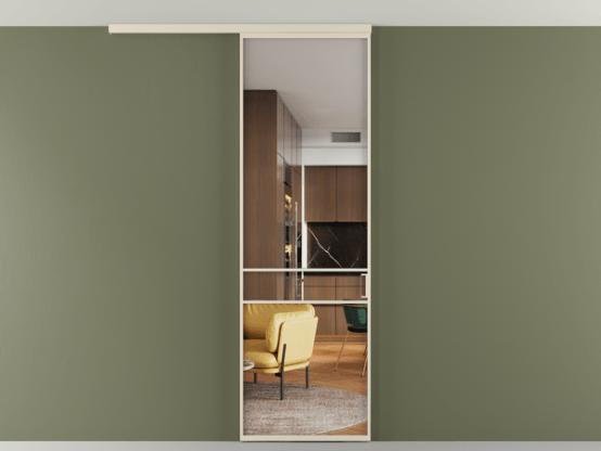 Алюминевая перегородка vd1_02 Алюминий бежево-серый Crystal Vision прозрачное. Цвет Алюминий бежево-серый. Материал Алюминий в эмали. Коллекция Перегородка Формато вдоль стены на потолок 1 створка. Картинка.