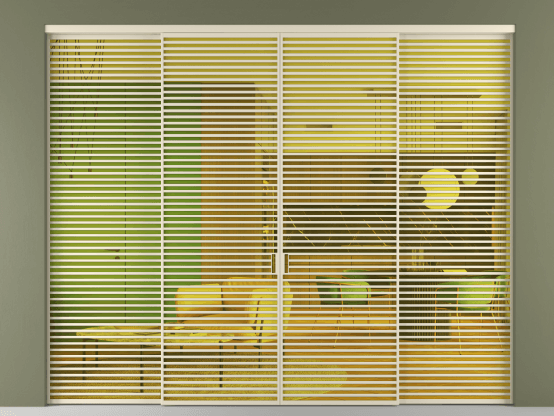 Алюминевая перегородка vn2+2_07_ Алюминий бежево-серый Прозрачное жёлтое стекло, триплекс, 6мм. Цвет Алюминий бежево-серый. Материал Алюминий в эмали. Коллекция Перегородка Formato внутри проёма 4 створки. Картинка.