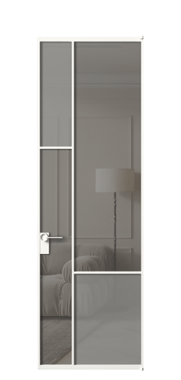 Дверь межкомнатная АЛПЛ041.13 БЕЛ Серый сатин матовое + Серый прозрачное. Цвет Алюминий Белый. Материал Алюминий. Коллекция Mosaic. Картинка.