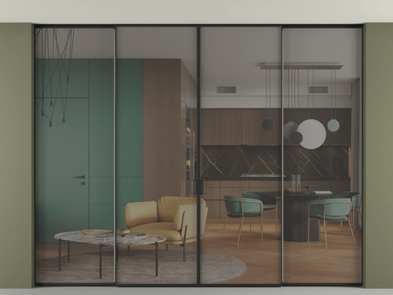 Алюминевая перегородка p2+2_01 Серый триплекс ЧЕР. Цвет Алюминий Черный. Материал Алюминий. Коллекция Перегородка Формато внутри проёма скрытое крепление в потолок 4 створки. Картинка.