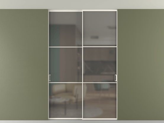 Алюминевая перегородка vn2_03 Алюминий пудровый белый Серый сатин матовое. Цвет Алюминий пудровый белый. Материал Алюминий в эмали. Коллекция Перегородка Формато внутри проёма скрытое крепление в потолок 2 створки. Картинка.