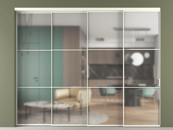 Алюминевая перегородка АЛПР 040.03_АЖМ_Matelux Crystalvision_new. Цвет Алюминий жемчужный. Материал Алюминий в эмали. Коллекция Перегородка Формато внутри проёма 4 створки с синхронным механизмом. Картинка.