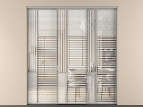 Алюминевая перегородка vn3_5_АНСР_DUNE+LED_new. Цвет Алюминий нейтральный серый. Материал Алюминий в эмали. Коллекция Перегородка Мозаик внутри проёма 3 створки. Картинка.