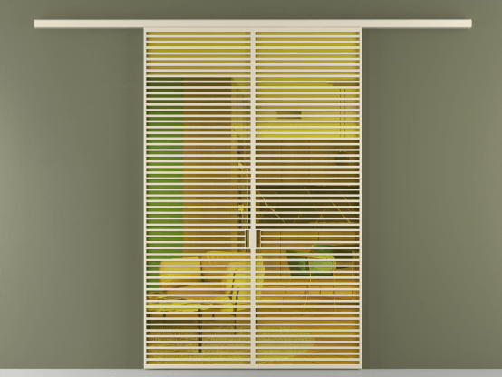 Алюминевая перегородка vd2_07_ Алюминий бежево-серый Прозрачное жёлтое стекло, триплекс, 6мм. Цвет Алюминий бежево-серый. Материал Алюминий в эмали. Коллекция Перегородка Formato вдоль стены 2 створки. Картинка.