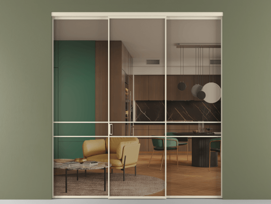 Алюминевая перегородка vn1+2_02_ Алюминий бежево-серый Бронза прозрачное. Цвет Алюминий бежево-серый. Материал Алюминий в эмали. Коллекция Перегородка Формато внутри проёма 3 створки. Картинка.