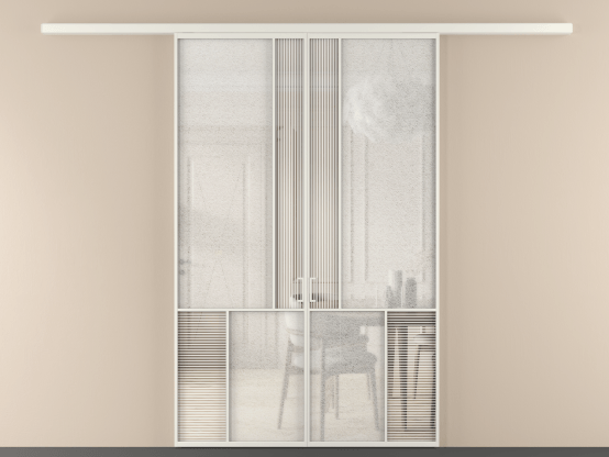 Алюминевая перегородка vd2_1 БЕЛ. Цвет Алюминий Белый. Материал Алюминий. Коллекция Перегородка Мозаик вдоль стены 2 створки. Картинка.