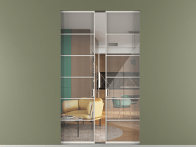 Алюминевая перегородка skr2_04_ Алюминий пудровый белый Stopsol Clear. Цвет Алюминий пудровый белый. Материал Алюминий в эмали. Коллекция Перегородка Formato скрытый пенал 2 створки. Картинка.